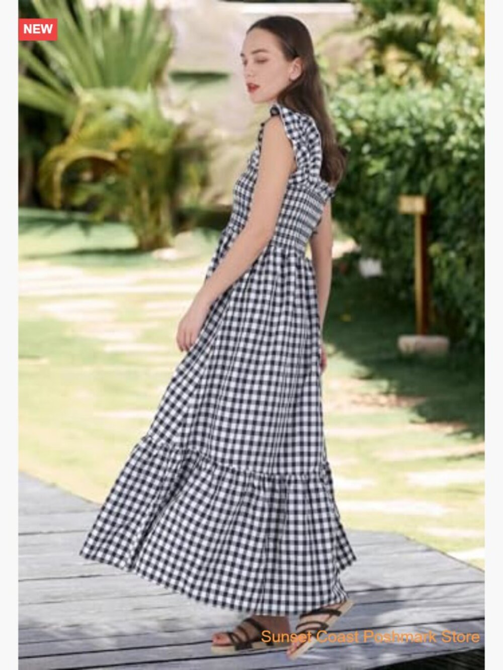 Retro Plaid Smocked Dress Spaghetti Strap Flounce Long Dress - Picture 4 of 7